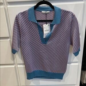 Zara Blue and Pink Patterned Polo Top